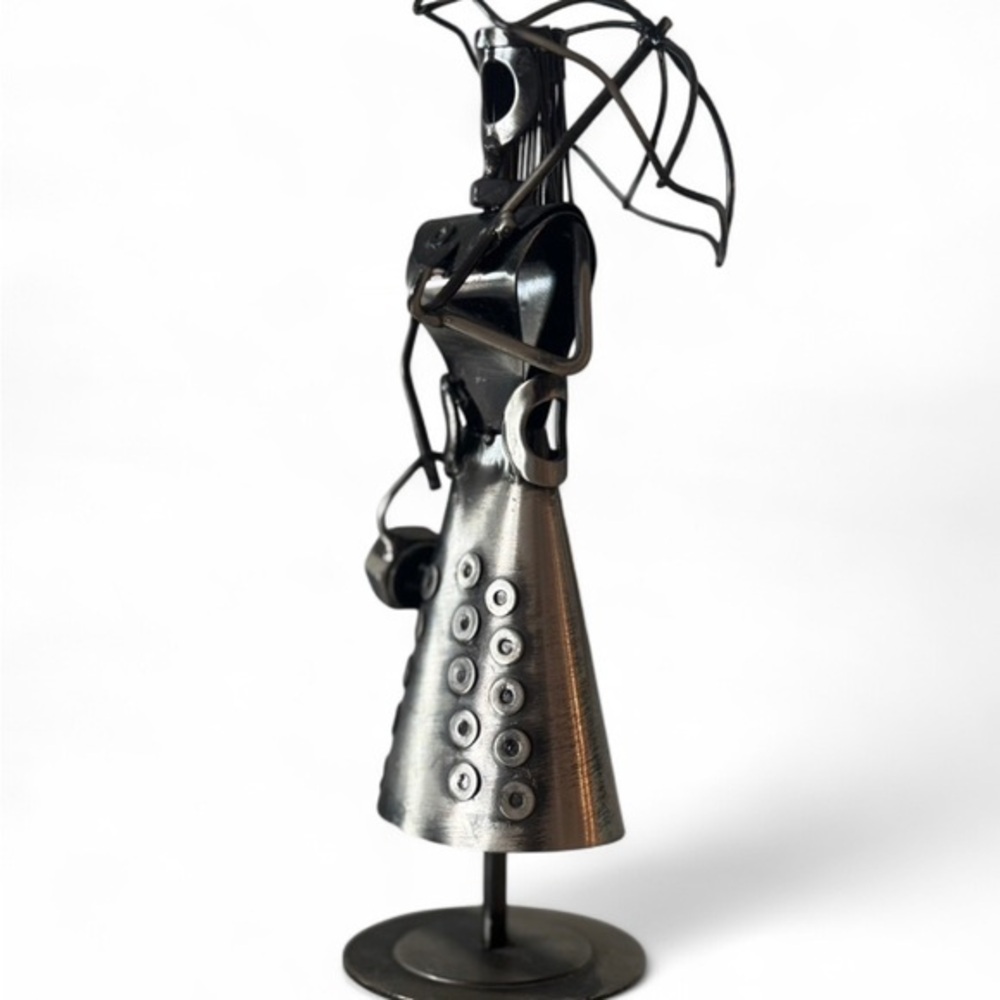 Vintage Steampunk Style Metal Faceless Woman Holding Umbrella Figurine Folk Art